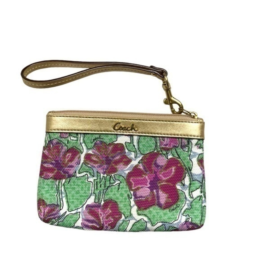 Coach green and purple and metallic floral wristlet bag